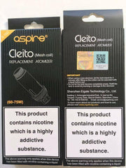 Aspire Cleito Pro and Mesh replacement coils in 0.4Ω, 0.27Ω, 0.2Ω, and 0.5Ω resistances, compatible with Cleito 120 Mesh tank.